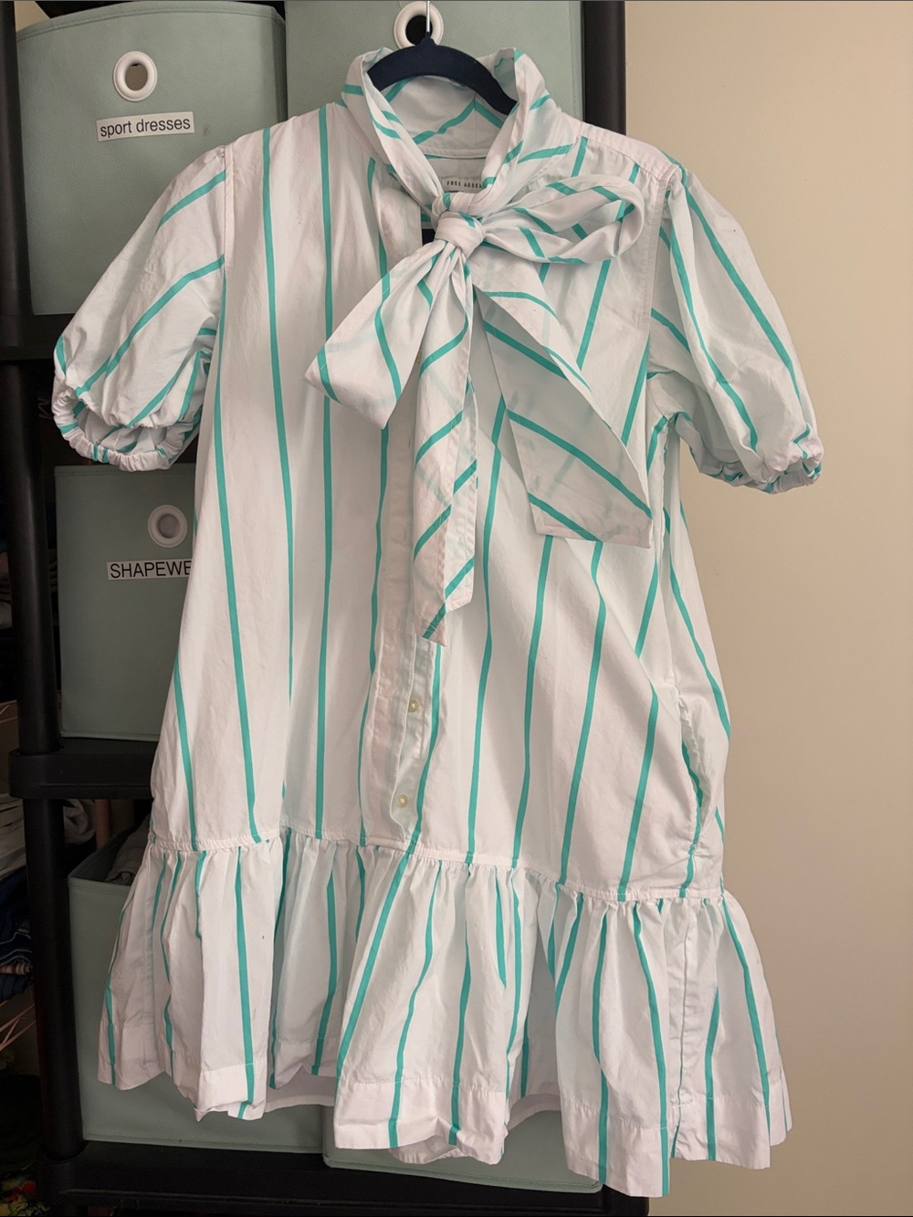 Free assembly White Dress with Teal Vertical Stripes and Neck Bow
